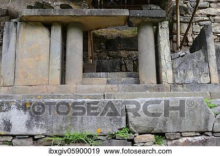 Stock Photo - Columns with reliefs in the ruins of Chavín de Huántar, Unesco World Heritage Site, near Huaraz, Ancash region, Peru, South America. Fotosearch