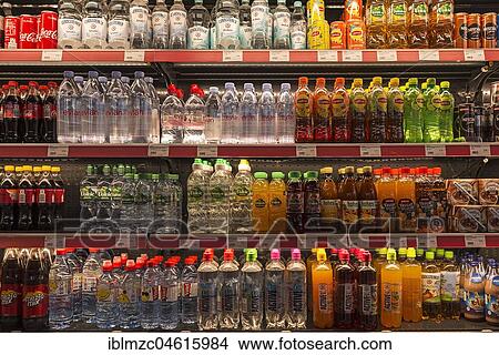Picture - Cooling rack with beverage bottles in a motorway service area, Baden-Württemberg, Germany, Europe. Fotosearch