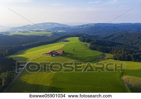Picture - Cultural landscape at the Mondseeberg with Einödhof, drone photograph, Mondseeland, Salzkammergut, Upper Austria, Austria, Europe. Fotosearch