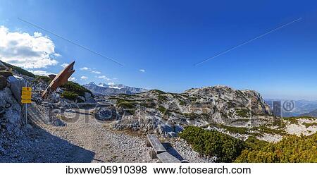Stock Photo - Dachstein Hai on the Heilbronn circular hiking trail with views of the Hohe Dachstein, Dachstein massif, Krippenstein, Obertraun, Salzkammergut, Upper Austria, Austria, Europe. Fotosearch
