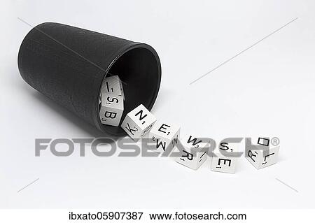 Dice cup with dice with letters and rhombus as joker, lettering News, symbolic image for news, news, Germany, Europe View Large Photo Image Stock Photo - Dice cup with dice with letters and rhombus as joker, lettering News, symbolic image for news, news, Germany, Europe. Fotosearch