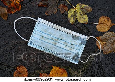Stock Image - Discarded face mask lying on the ground in autumn foliage, corona crisis, Stuttgart, Baden-Württemberg, Germany, Europe. Fotosearch