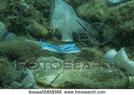 Stock Photo - Discarded used medical face mask along with other plastic debris lies on the seabed. Plastic and other garbage polluting in the Adriatic Sea. Becici, Budva Municipality, Monte, Europe. Fotosearch
