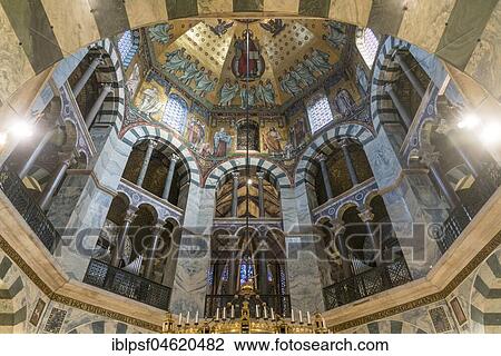 Stock Image - Dome, Octagon with ceiling mosaic in Aachen Cathedral, Aachen, North Rhine-Westphalia, Germany, Europe. Fotosearch
