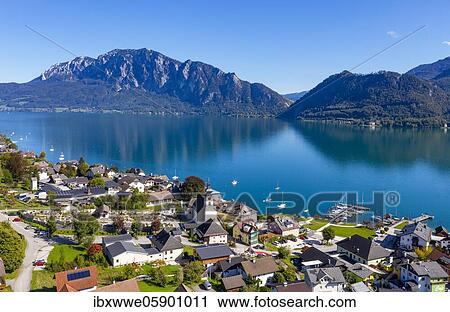 Stock Image - Drone recording, Unterach am Attersee with Höllengebirge, Salzkammergut, Upper Austria, Austria, Europe. Fotosearch