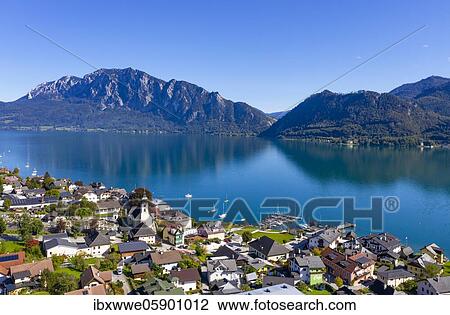 Stock Image - Drone recording, Unterach am Attersee with Höllengebirge, Salzkammergut, Upper Austria, Austria, Europe. Fotosearch