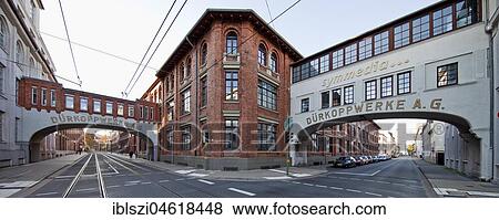 Stock Photo - Dürkoppwerke with typical Bielefeld building connecting bridges, Bielefeld, Ostwestfalen-Lippe, North Rhine-Westphalia, Germany, Europe. Fotosearch