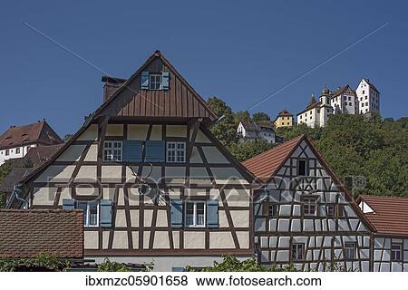 Egloffstein Castle, in front historical half-timbered houses, Egloffstein, 11th century, Upper Franconia, Bavaria, Germany, Europe View Large Photo Image Stock Photo - Egloffstein Castle, in front historical half-timbered houses, Egloffstein, 11th century, Upper Franconia, Bavaria, Germany, Europe. Fotosearch