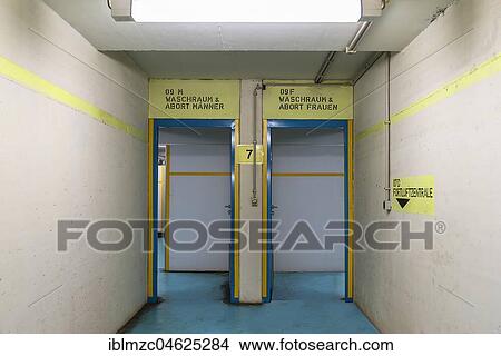 Entrance to the toilets and washrooms in the decommissioned nuclear bunker, built for 2, 400 people in the 1970s underneath Nuremberg Central Station, Nuremberg, Central Franconia, Bavaria, Germany. View Large Photo Image Picture - Entrance to the toilets and washrooms in the decommissioned nuclear bunker, built for 2, 400 people in the 1970s underneath Nuremberg Central Station, Nuremberg, Central Franconia, Bavaria, Germany.. Fotosearch