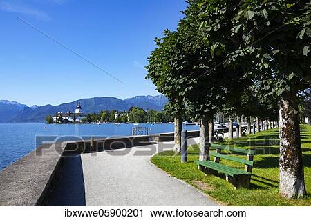 Stock Image - Esplanade with castle Ort in Gmunden, Lake Traun, Salzkammergut, Upper Austria, Austria, Europe. Fotosearch