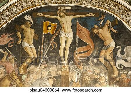 Picture - Famous crucifixion group by Hans Clemer, fresco in the choir, parish church of Chiesa Parocchiale, Elva, province of Cuneo, Piedmont, Italy, Europe. Fotosearch