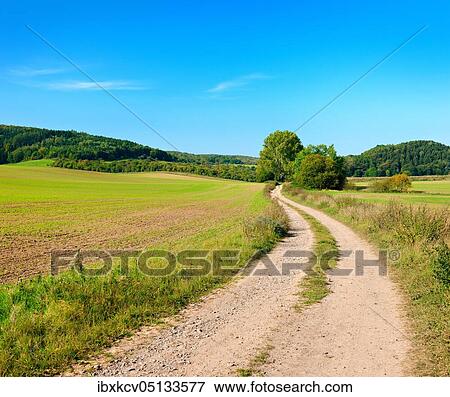 Field path winding through cultivated landscape in autumn, fields with winter sowing, hills covered with forest in the back, blue sky, Saalekreis, Saxony-Anhalt, Germany, Europe View Large Photo Image Stock Photo - Field path winding through cultivated landscape in autumn, fields with winter sowing, hills covered with forest in the back, blue sky, Saalekreis, Saxony-Anhalt, Germany, Europe. Fotosearch
