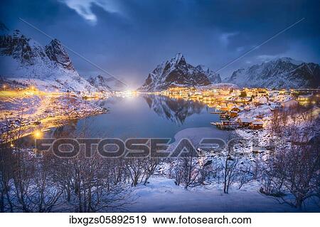 Fishing village Reine Polarnacht in winter, Reinefjord, Moskenesøya, Reine, Nordland, Lofoten, Norway, Europe View Large Photo Image Stock Photo - Fishing village Reine Polarnacht in winter, Reinefjord, Moskenesøya, Reine, Nordland, Lofoten, Norway, Europe. Fotosearch