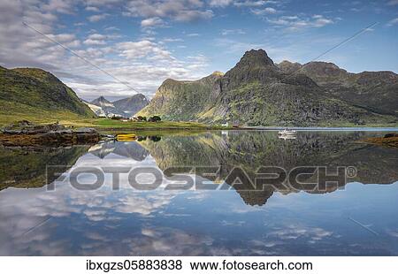 Fjord landscape at low tide, Mountain massif reflected in the sea, Lofoten, Nordland, Norway, Europe View Large Photo Image Stock Photo - Fjord landscape at low tide, Mountain massif reflected in the sea, Lofoten, Nordland, Norway, Europe. Fotosearch