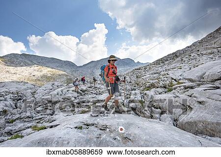 Stock Photo - Four hikers in a landscape of washed-out karst rocks, Funtenseetauern, Steinernes Meer, Berchtesgaden National Park, Berchtesgadener Land, Upper Bavaria, Bavaria, Germany, Europe. Fotosearch