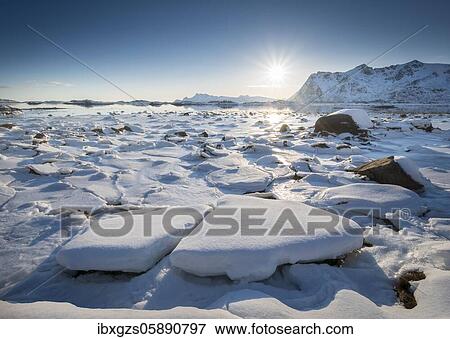 Frozen fjord with ice floes in winter landscape, Nordland, Lofoten, Norway, Europe View Large Photo Image Stock Photo - Frozen fjord with ice floes in winter landscape, Nordland, Lofoten, Norway, Europe. Fotosearch