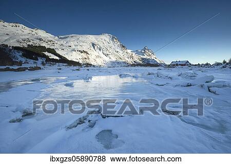Frozen lake with ice floes in winter landscape, Nordland, Lofoten, Norway, Europe View Large Photo Image Stock Photo - Frozen lake with ice floes in winter landscape, Nordland, Lofoten, Norway, Europe. Fotosearch