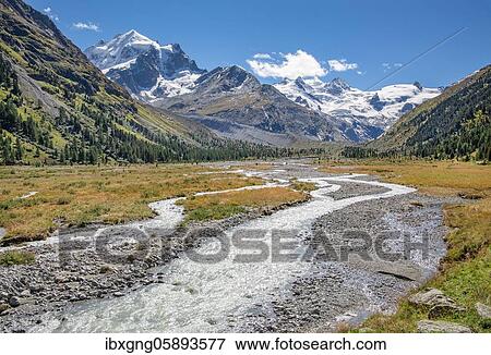 Glacier stream in the Roseg Valley, Val Roseg with Piz Roseg, Piz Glüschaint and Roseg Glacier, Pontresina, Bernina Alps, Upper Engadine, Engadine, Grisons, Switzerland, Europe View Large Photo Image Stock Photo - Glacier stream in the Roseg Valley, Val Roseg with Piz Roseg, Piz Glüschaint and Roseg Glacier, Pontresina, Bernina Alps, Upper Engadine, Engadine, Grisons, Switzerland, Europe. Fotosearch