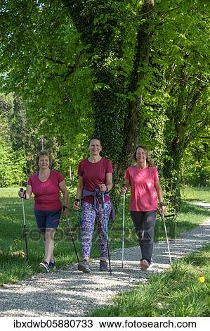 Group of woman Nordic walking, hiking, trekking, avenue, Bad Heilbrunn, Loisachtal, Upper Bavaria, Bavaria, Germany, Europe View Large Photo Image Stock Image - Group of woman Nordic walking, hiking, trekking, avenue, Bad Heilbrunn, Loisachtal, Upper Bavaria, Bavaria, Germany, Europe. Fotosearch
