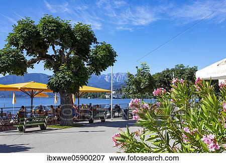 Stock Photo - Guest garden at the Esplanade, Lake Traun, Gmunden, Salzkammergut, Upper Austria, Austria, Europe. Fotosearch