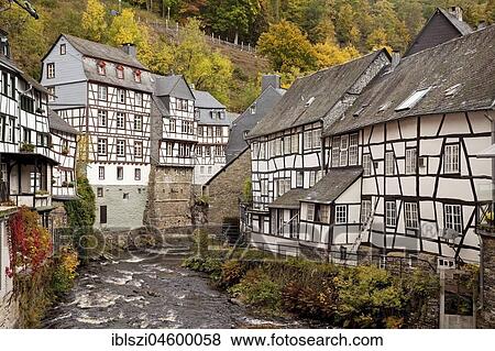 Stock Photo - Half-timbered houses on the Rur, Monschau, North Rhine-Westphalia, Germany, Europe. Fotosearch