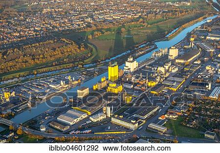 Stock Image - Hammer Hafen, oil mill Brökelmann, Broelio, Datteln-Hamm canal, Hamm, Ruhr area, North Rhine-Westphalia, Germany, Europe. Fotosearch