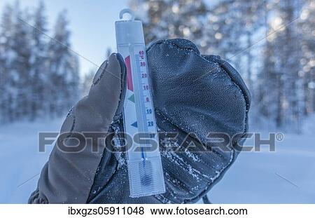 Hand with thick mitten holds thermometer at minus 36° Celsius, snowy forest in the back, Sweden, Europe View Large Photo Image Stock Photo - Hand with thick mitten holds thermometer at minus 36° Celsius, snowy forest in the back, Sweden, Europe. Fotosearch