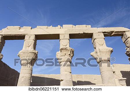 Stock Image - Hathor heads on the capitals of the Nectanebo pavillon, Philae temple, Aswan, Egypt, Africa. Fotosearch
