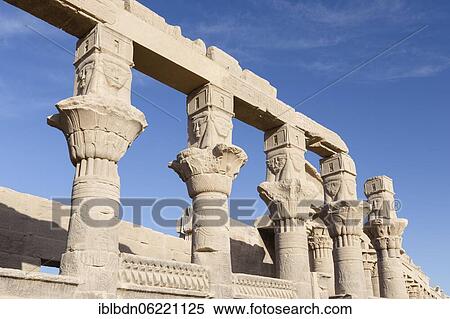 Stock Photography - Hathor heads on the capitals of the Nectanebo pavillon, Philae temple, Aswan, Egypt, Africa. Fotosearch