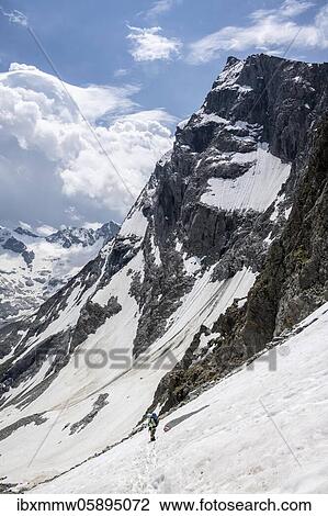 Hiker crosses snow field, descent from Mörchnerscharte to Floitengrund, Großer Mörchner, Berliner Höhenweg, Zillertaler Alpen, Zillertal, Tyrol, Austria, Europe View Large Photo Image Stock Image - Hiker crosses snow field, descent from Mörchnerscharte to Floitengrund, Großer Mörchner, Berliner Höhenweg, Zillertaler Alpen, Zillertal, Tyrol, Austria, Europe. Fotosearch