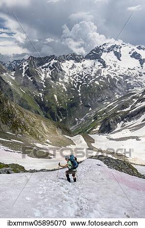Stock Image - Hiker crosses snowfield, descent from Mörchnerscharte to Floitengrund, Berliner Höhenweg, Zillertaler Alps, Zillertal, Tyrol, Austria, Europe. Fotosearch