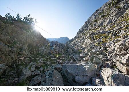 Stock Image - Hiker in karst landscape, mountain landscape, Stuhlgraben, behind Grießkogel, Steinernes Meer, Funtenseetauern, Berchtesgaden National Park, Berchtesgadener Land, Upper Bavaria, Bavaria, Germany, Europe. Fotosearch