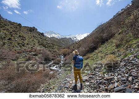 Stock Image - Hiker on a hiking trail, hiking trail Vereda de la Estrella near Junta de los Rios, behind Sierra Nevada with summits Mulhacén and Pico Alcazaba, snow-covered mountains near Granada, Andalusia, Spain, Europe. Fotosearch