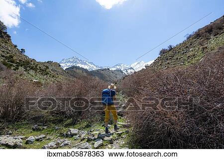 Stock Image - Hiker on a hiking trail, hiking trail Vereda de la Estrella near Junta de los Rios, behind Sierra Nevada with summits Mulhacén and Pico Alcazaba, snow-covered mountains near Granada, Andalusia, Spain, Europe. Fotosearch