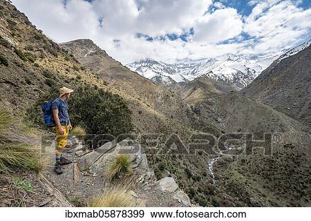 Stock Photo - Hiker on a hiking trail, hiking trail Vereda de la Estrella, behind Sierra Nevada with summits Mulhacén and Pico Alcazaba, snow-covered mountains near Granada, Andalusia, Spain, Europe. Fotosearch