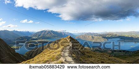 Hiker on a ridge, view of mountains and lake from Mount Roy, Roys Peak, Lake Wanaka, Southern Alps, Otago, South Island, New Zealand, Oceania View Large Photo Image Stock Photo - Hiker on a ridge, view of mountains and lake from Mount Roy, Roys Peak, Lake Wanaka, Southern Alps, Otago, South Island, New Zealand, Oceania. Fotosearch