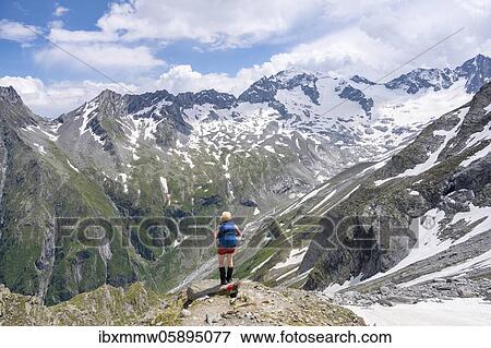 Stock Photo - Hiker on the descent from the Mörchnerscharte to the Floitengrund, behind Großer Löffler, Berliner Höhenweg, Zillertaler Alps, Zillertal, Tyrol, Austria, Europe. Fotosearch