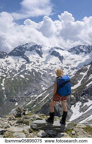 Stock Photography - Hiker on the descent from the Mörchnerscharte to the Floitengrund, behind Großer Löffler, Berliner Höhenweg, Zillertaler Alps, Zillertal, Tyrol, Austria, Europe. Fotosearch