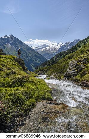 Hiker on the Kesselbach hiking trail, Berliner Höhenweg, left Großer Greiner, right Kleiner Hochsteller, Kälberlahnerspitze and Hochsteller, Zillertaler Alps, Zillertal, Tyrol, Austria, Europe View Large Photo Image Stock Photograph - Hiker on the Kesselbach hiking trail, Berliner Höhenweg, left Großer Greiner, right Kleiner Hochsteller, Kälberlahnerspitze and Hochsteller, Zillertaler Alps, Zillertal, Tyrol, Austria, Europe. Fotosearch