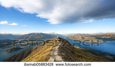 Hiker takes a skydive, views of mountains and lake from Mount Roy, Roys Peak, Lake Wanaka, Southern Alps, Otago, South Island, New Zealand, Oceania View Large Photo Image Stock Photo - Hiker takes a skydive, views of mountains and lake from Mount Roy, Roys Peak, Lake Wanaka, Southern Alps, Otago, South Island, New Zealand, Oceania. Fotosearch