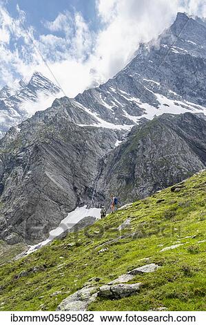 Stock Image - Hikers descending from the Mörchnerscharte to the Berliner Hütte, Berliner Höhenweg, Zillertal Alps, Zillertal, Tyrol, Austria, Europe. Fotosearch