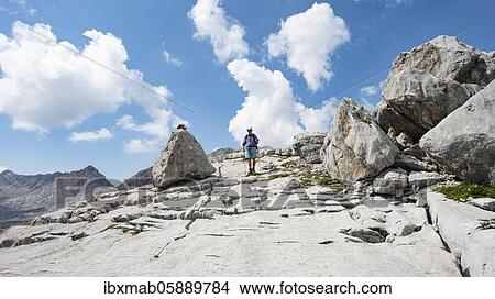 Hikers in a landscape of washed out karst rocks, Funtenseetauern, Steinernes Meer, Berchtesgaden National Park, Berchtesgadener Land, Upper Bavaria, Bavaria, Germany, Europe View Large Photo Image Picture - Hikers in a landscape of washed out karst rocks, Funtenseetauern, Steinernes Meer, Berchtesgaden National Park, Berchtesgadener Land, Upper Bavaria, Bavaria, Germany, Europe. Fotosearch