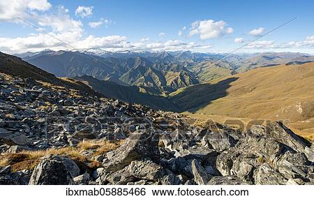 Stock Photograph - Hiking trail to Ben Lomond, views of mountains, Southern Alps, Otago, South Island, New Zealand, Oceania. Fotosearch