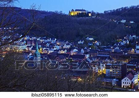Hohenlimburg with the illuminated castle in the evening, Hagen, Ruhr Area, North Rhine-Westphalia, Germany, Europe View Large Photo Image Stock Photography - Hohenlimburg with the illuminated castle in the evening, Hagen, Ruhr Area, North Rhine-Westphalia, Germany, Europe. Fotosearch