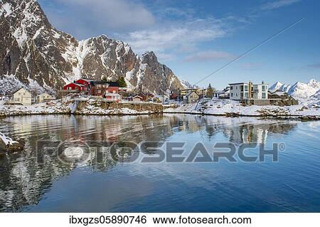 Houses by a quiet fjord, behind rough rock walls and high mountains, Svolvaer, Nordland, Lofoten, Norway, Europe View Large Photo Image Stock Photograph - Houses by a quiet fjord, behind rough rock walls and high mountains, Svolvaer, Nordland, Lofoten, Norway, Europe. Fotosearch