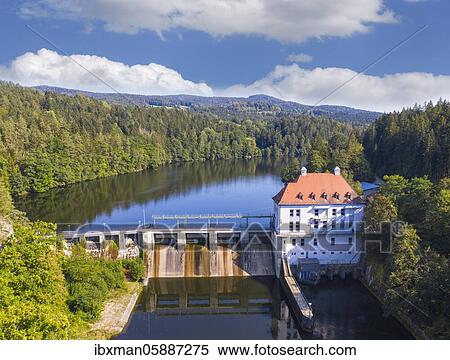 Stock Photography - Höllensteinsee, power station at Höllenstein, Black Rain, between Viechtach and Bad Kötzting, Bavarian Forest, Lower Bavaria, Bavaria, Germany, Europe. Fotosearch