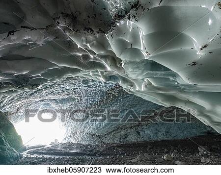 Stock Image - Ice chapel with meltwater stream, ice field at the foot of the Watzmann east face, Berchtesgaden National Park, Watzmann, Schönau am Königssee, Upper Bavaria, Bavaria, Germany, Europe. Fotosearch