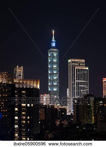Illuminated Taipei 101 Tower with skyscrapers at night, Taipei, Taiwan, Asia View Large Photo Image Stock Photograph - Illuminated Taipei 101 Tower with skyscrapers at night, Taipei, Taiwan, Asia. Fotosearch