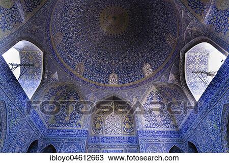 Stock Image - Inside Masjed-e Shah or Shah Mosque, Naqsh-e Jahan or Imam Square, Esfahan, Iran, Asia. Fotosearch
