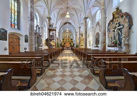 Picture - Interior view, nave, Franciscan monastery, Schwaz, Tyrol, Austria, Europe. Fotosearch